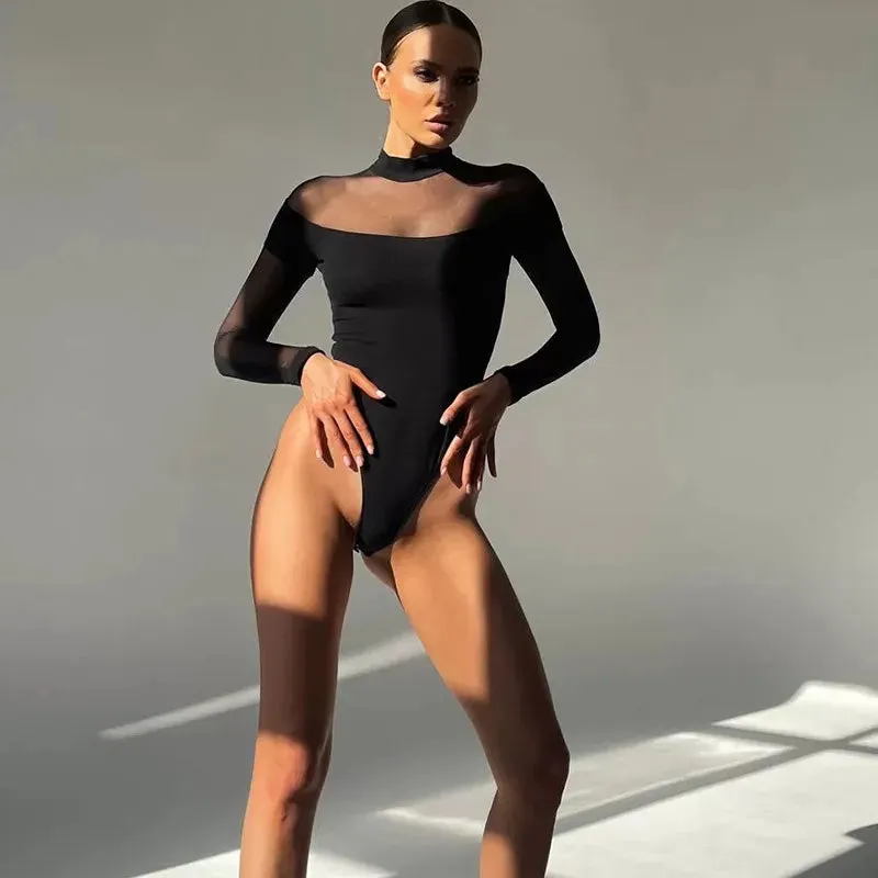 Trendy Mesh Transparent Long Sleeve Bodysuit