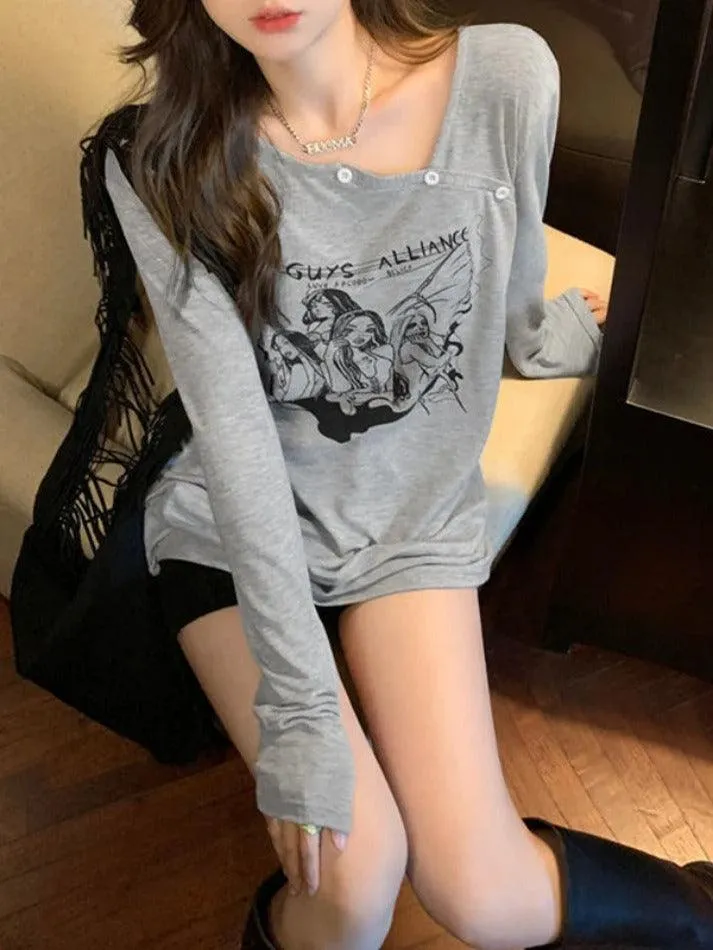 Uniwim Anime Print Slanted Shoulder Oversized Long Sleeve Tee