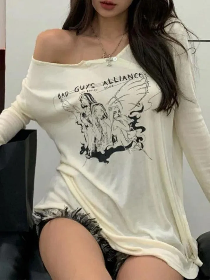 Uniwim Anime Print Slanted Shoulder Oversized Long Sleeve Tee