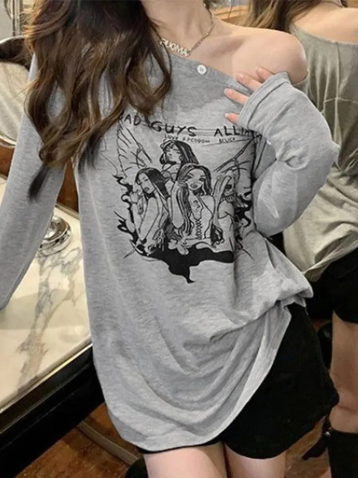 Uniwim Anime Print Slanted Shoulder Oversized Long Sleeve Tee