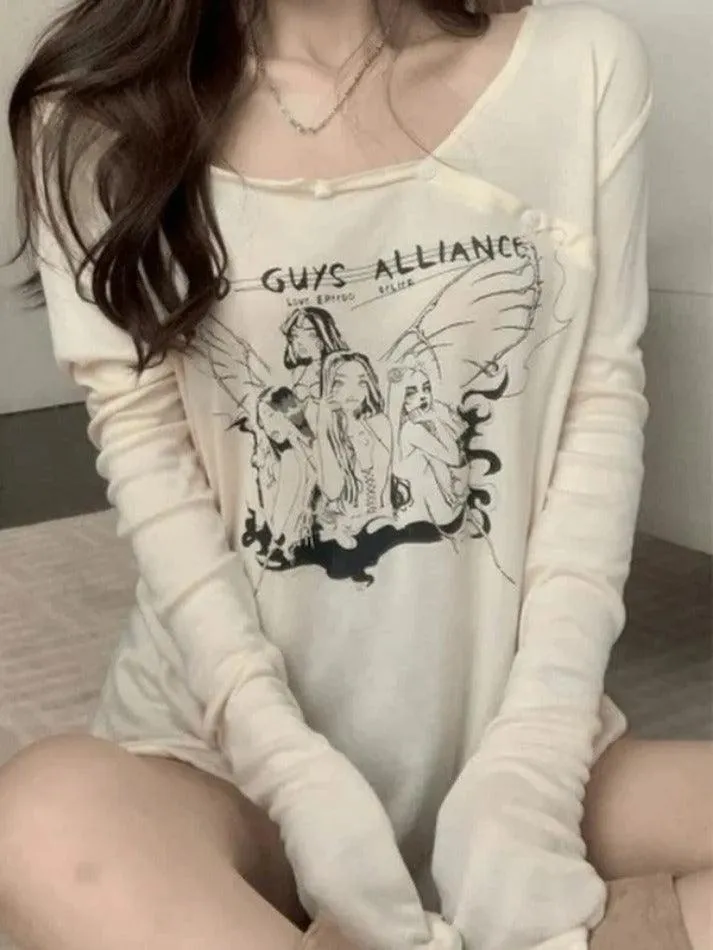 Uniwim Anime Print Slanted Shoulder Oversized Long Sleeve Tee