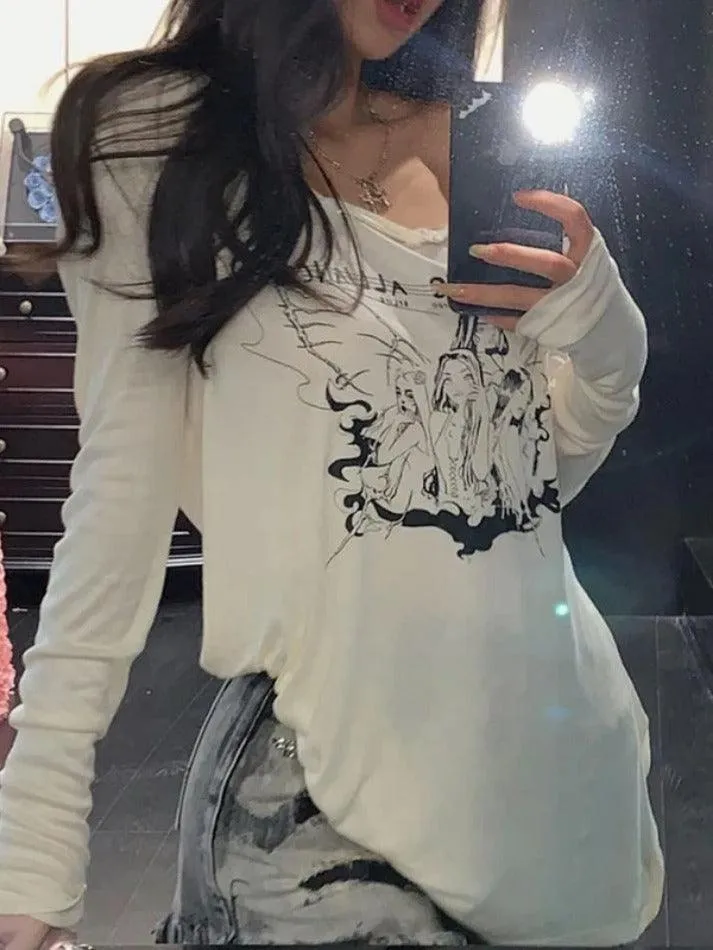 Uniwim Anime Print Slanted Shoulder Oversized Long Sleeve Tee