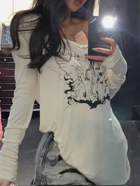 Uniwim Anime Print Slanted Shoulder Oversized Long Sleeve Tee