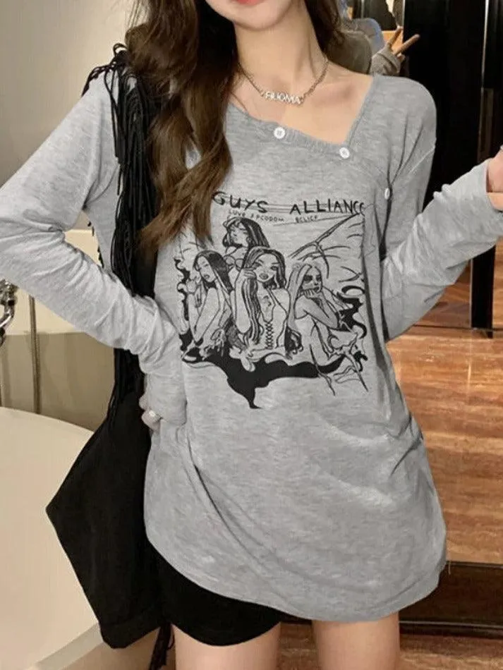 Uniwim Anime Print Slanted Shoulder Oversized Long Sleeve Tee