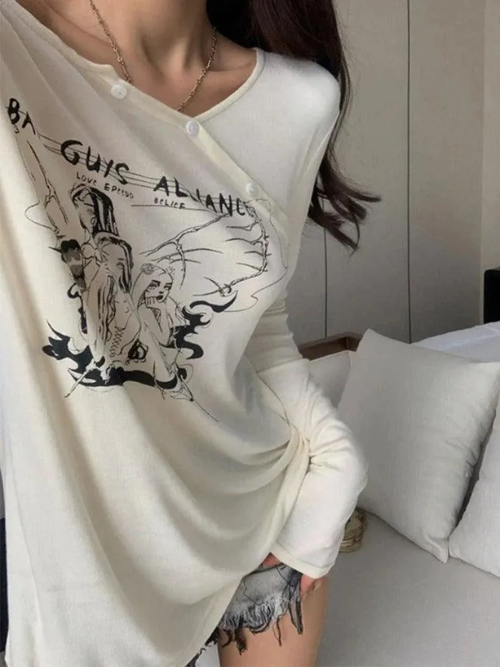 Uniwim Anime Print Slanted Shoulder Oversized Long Sleeve Tee