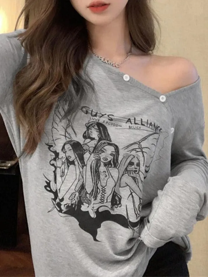 Uniwim Anime Print Slanted Shoulder Oversized Long Sleeve Tee