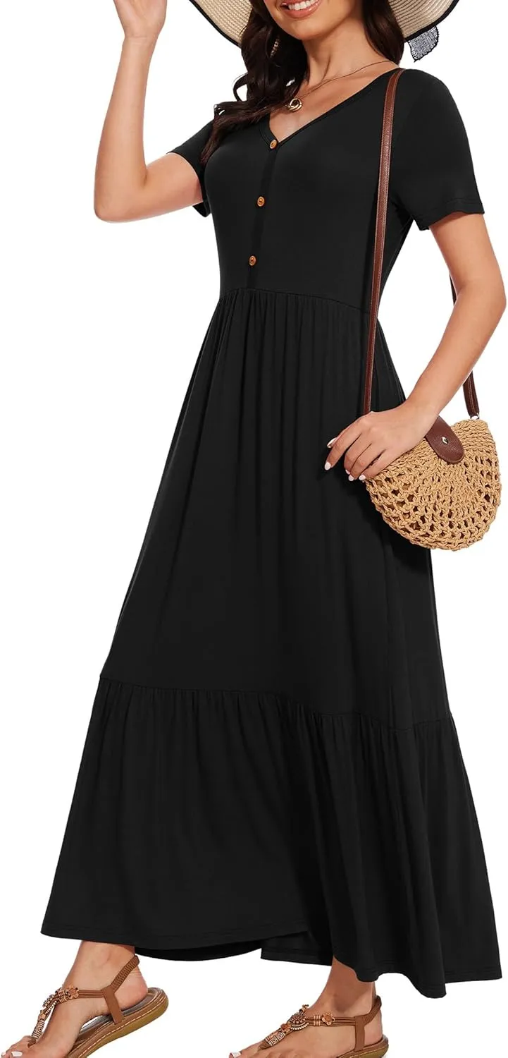 VIISHOW Women's Short Sleeve Maxi Dress 2025 Summer V Neck Knit Loose Plain Empire Waist Casual Dresses with Pockets