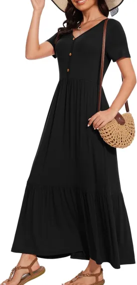 VIISHOW Women's Short Sleeve Maxi Dress 2025 Summer V Neck Knit Loose Plain Empire Waist Casual Dresses with Pockets