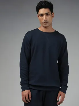 WES Lounge Solid Dark Blue Ribbed Relaxed-Fit Sweatshirt