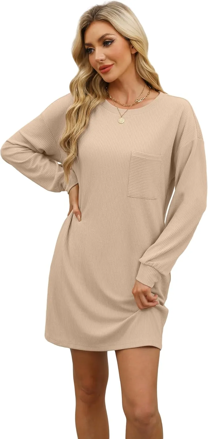 WIHOLL Womens Long Sleeve Dress Loose Fit Casual Crewneck Flowy Mini Dresses with Pockets Fall Fashion
