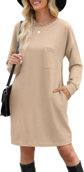 WIHOLL Womens Long Sleeve Dress Loose Fit Casual Crewneck Flowy Mini Dresses with Pockets Fall Fashion