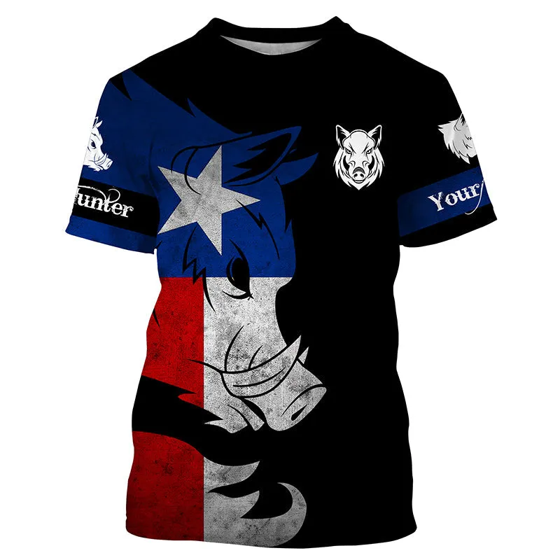 Wild Hog Hunting Texas Flag Custom Name 3D Long Sleeve Hunting Shirts, Personalized Hunting Gifts