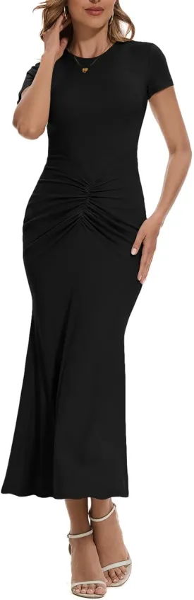 Women Crew Neck Ruched Bodycon Maxi Dress Summer Short Sleeve Knit Long Fishtail Cocktail Dress for Wedding Guest
