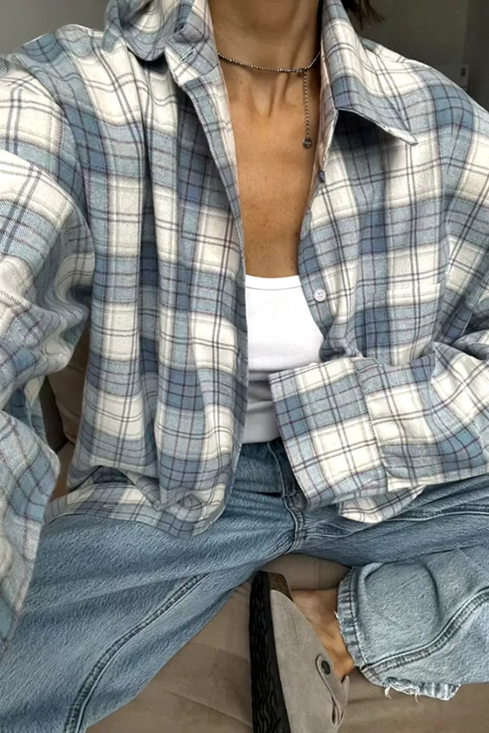 Womens Casual Long Sleeve Plaid Button-Down Shirt