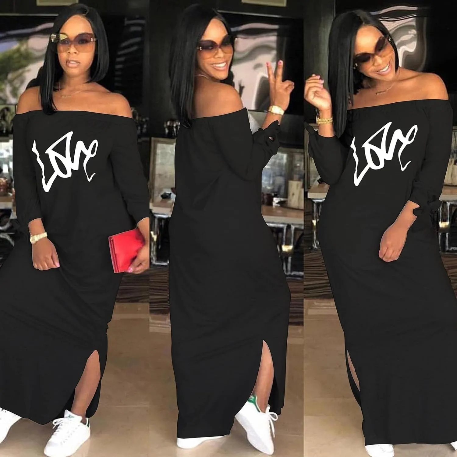 Women's Casual Off Shoulder Maxi Dress - African Print Summer Loose Long Sleeve Tunic T Shirt Dresses with Pockets
