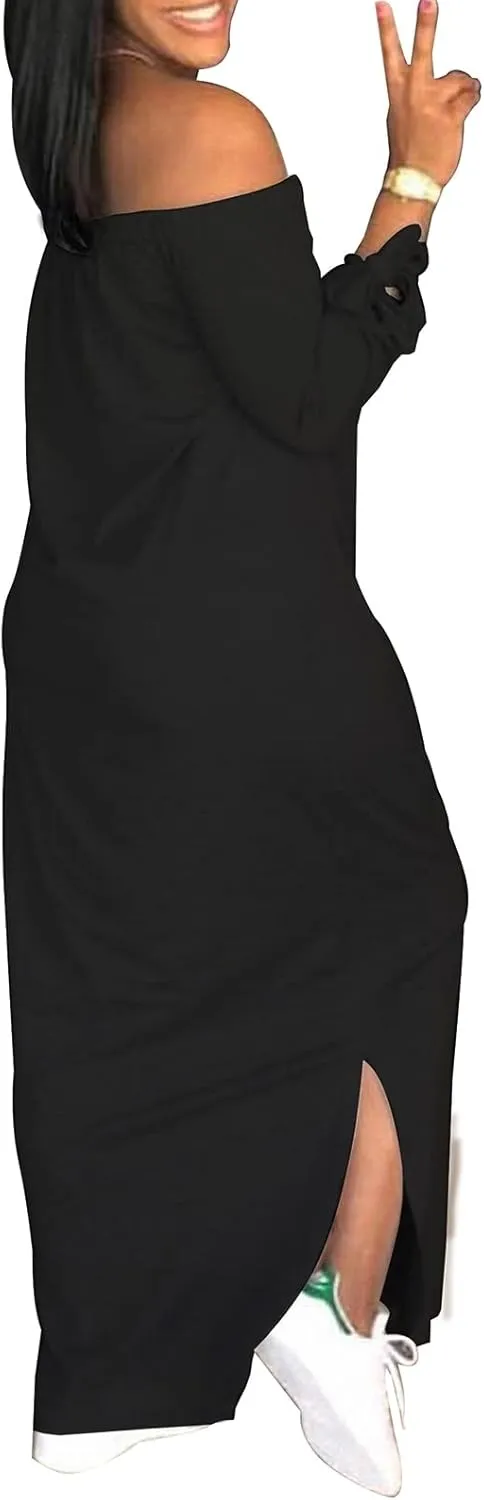 Women's Casual Off Shoulder Maxi Dress - African Print Summer Loose Long Sleeve Tunic T Shirt Dresses with Pockets