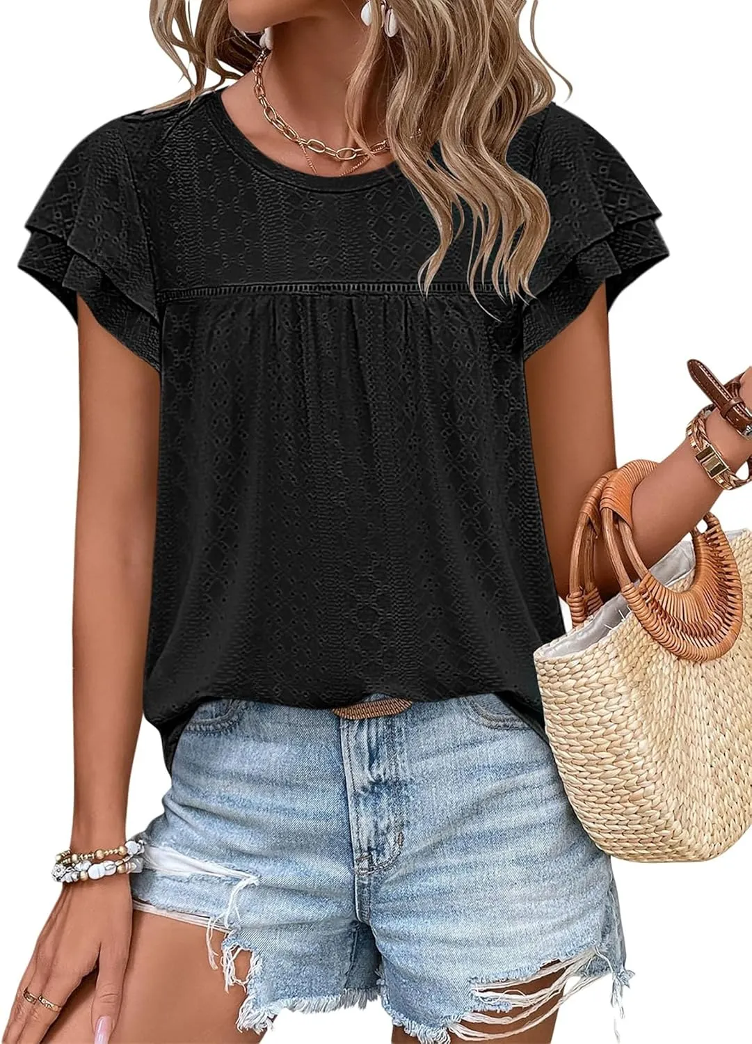 Women's Ruffle Edge Sleeve Top Casual Shirt Round Neck Eyelet Summer Cool and Comfortable Short Sleeve
