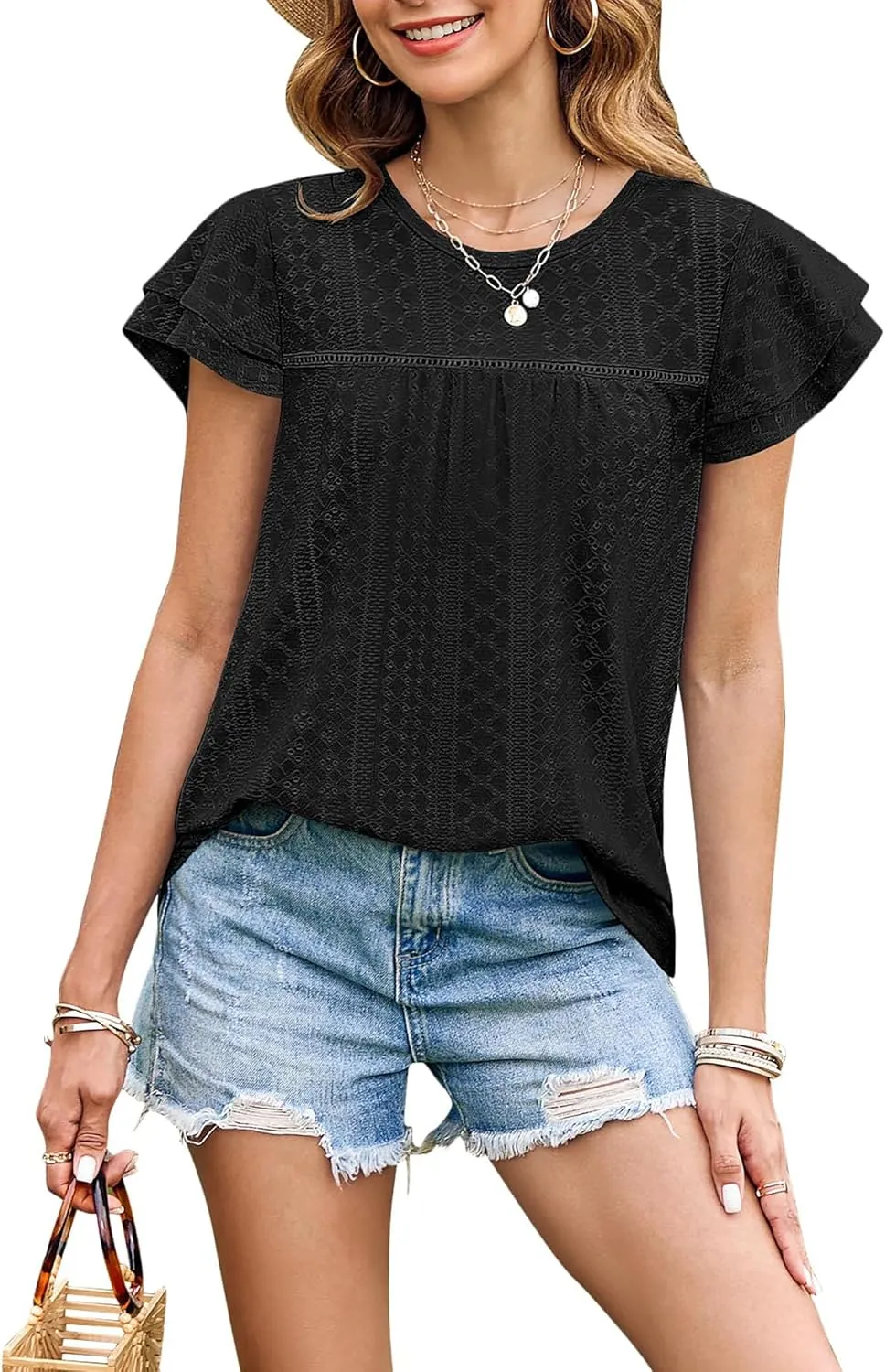 Women's Ruffle Edge Sleeve Top Casual Shirt Round Neck Eyelet Summer Cool and Comfortable Short Sleeve