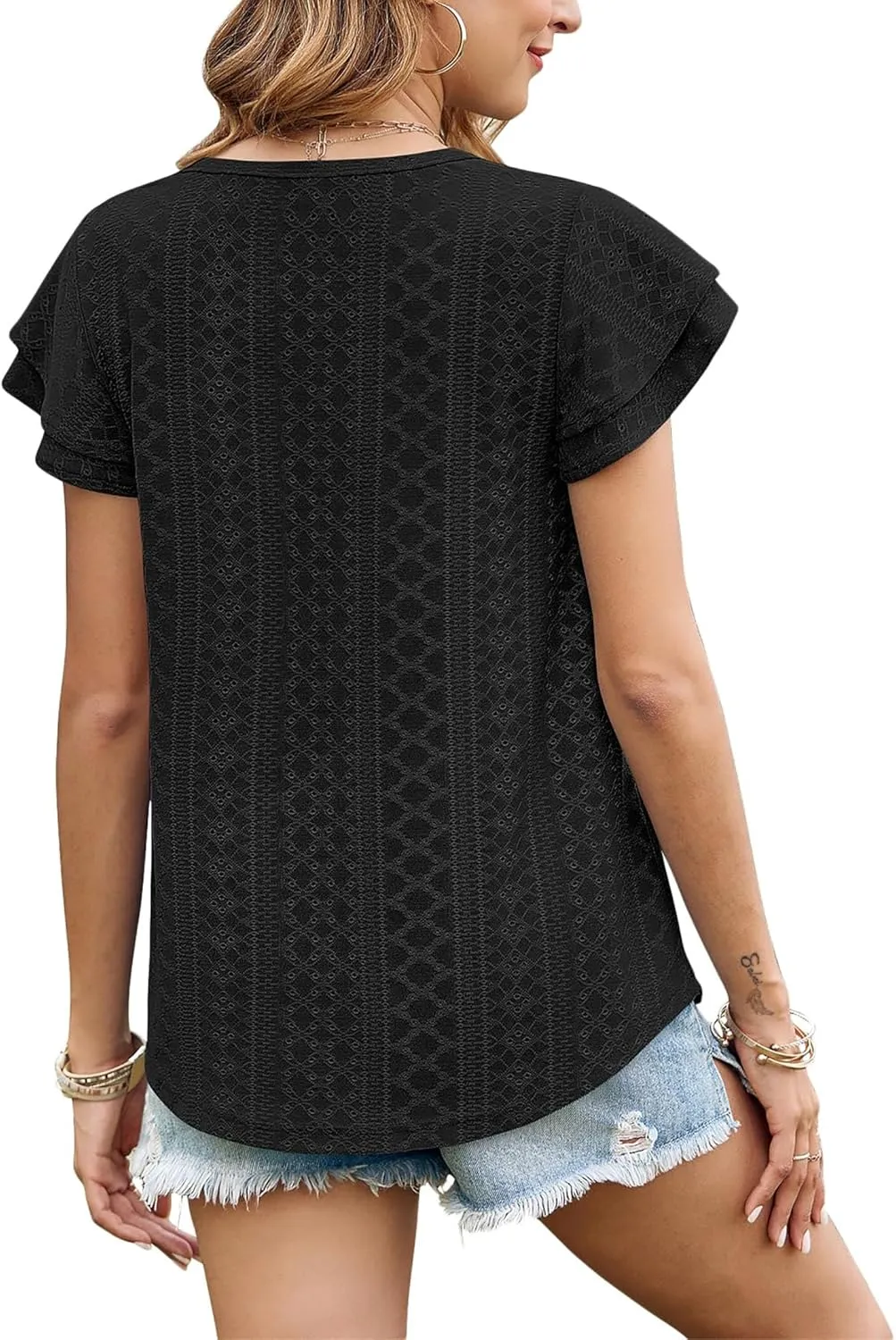 Women's Ruffle Edge Sleeve Top Casual Shirt Round Neck Eyelet Summer Cool and Comfortable Short Sleeve