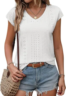 Women's Ruffle Edge Sleeve Top Casual Shirt Round Neck Eyelet Summer Cool and Comfortable Short Sleeve