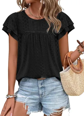 Women's Ruffle Edge Sleeve Top Casual Shirt Round Neck Eyelet Summer Cool and Comfortable Short Sleeve