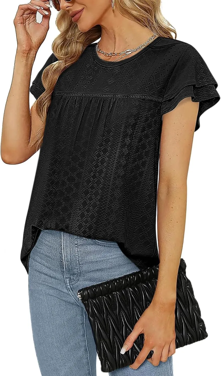 Women's Ruffle Edge Sleeve Top Casual Shirt Round Neck Eyelet Summer Cool and Comfortable Short Sleeve