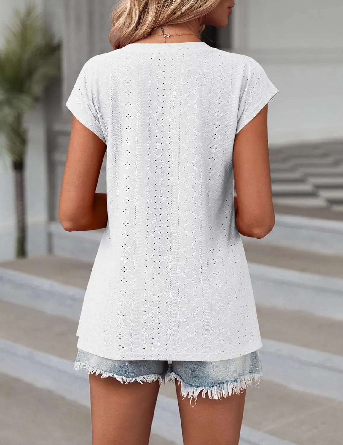 Women's Ruffle Edge Sleeve Top Casual Shirt Round Neck Eyelet Summer Cool and Comfortable Short Sleeve