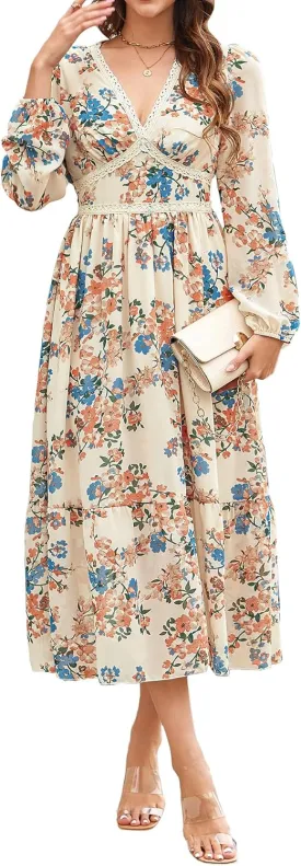 Women's Spring Wrap Maxi Dress Floral V Neck Long Sleeve Wedding Guest Party Casual Chiffon Dress