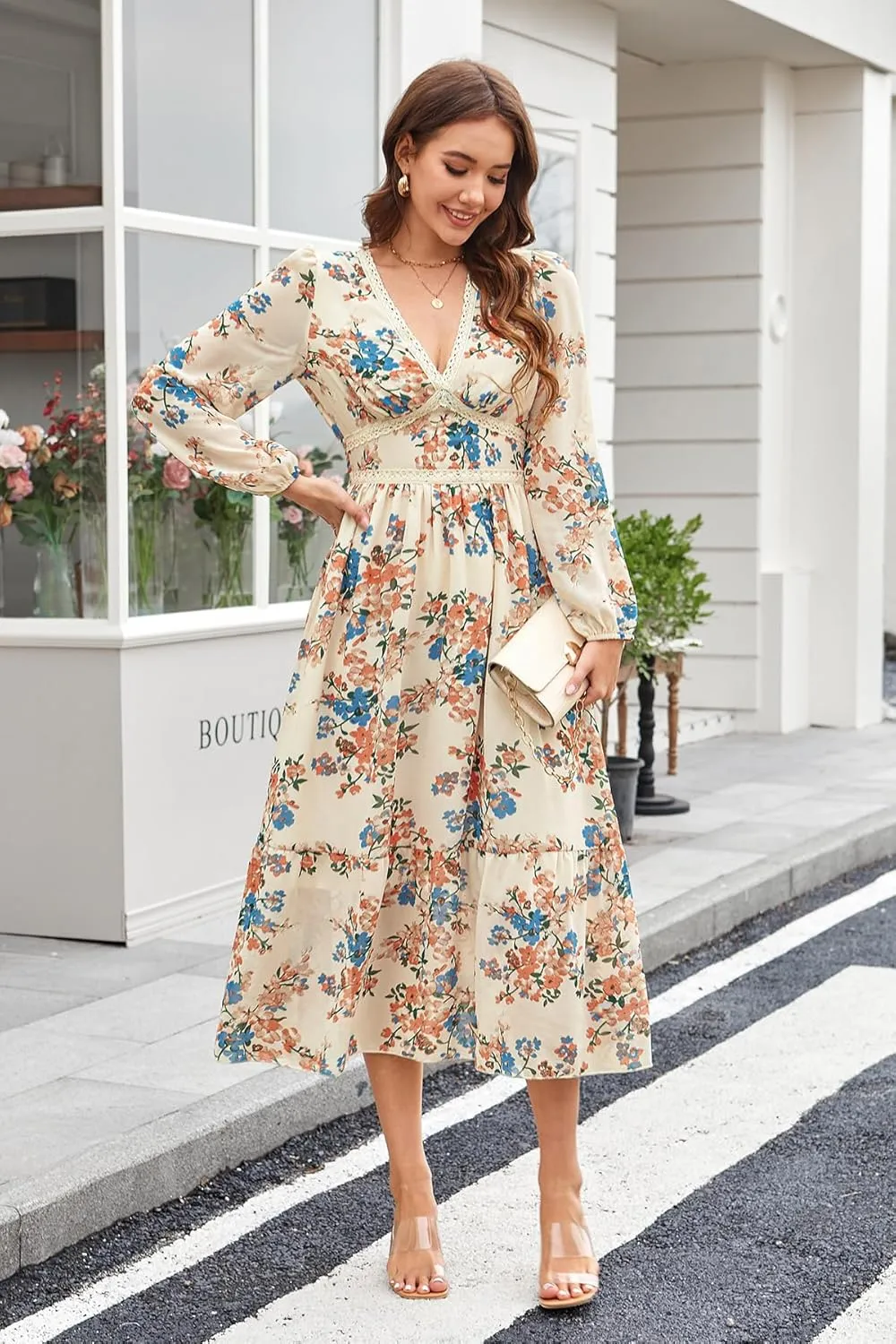Women's Spring Wrap Maxi Dress Floral V Neck Long Sleeve Wedding Guest Party Casual Chiffon Dress