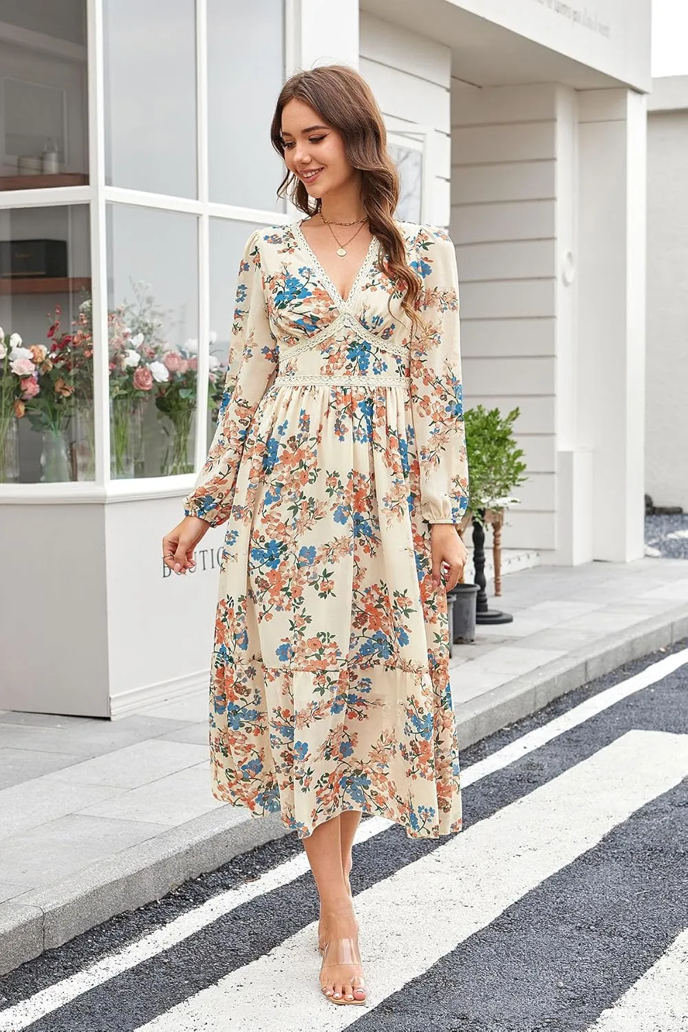 Women's Spring Wrap Maxi Dress Floral V Neck Long Sleeve Wedding Guest Party Casual Chiffon Dress