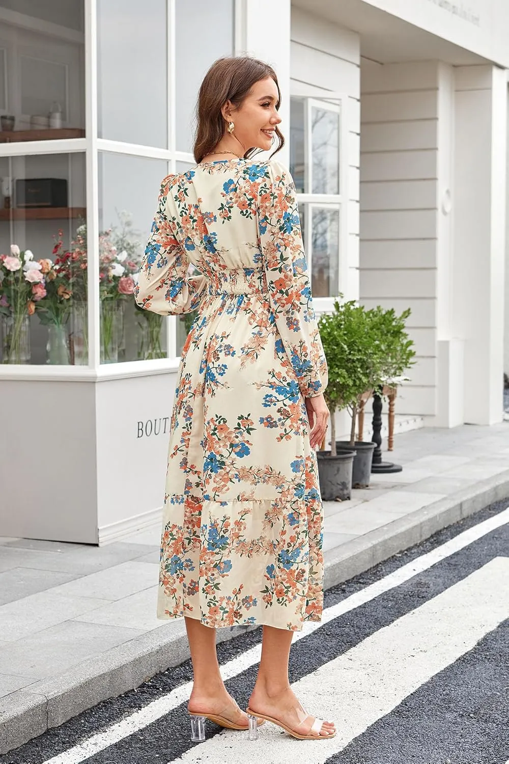 Women's Spring Wrap Maxi Dress Floral V Neck Long Sleeve Wedding Guest Party Casual Chiffon Dress