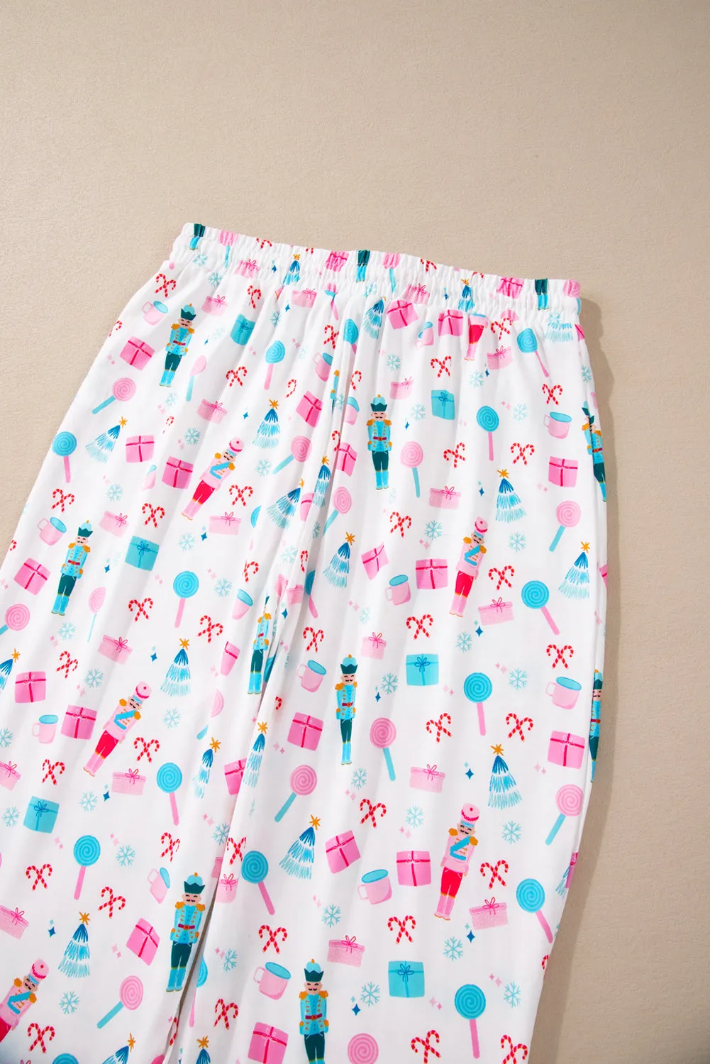 Womens White Christmas Pattern Long Sleeve Top and Wide Leg Pants Set