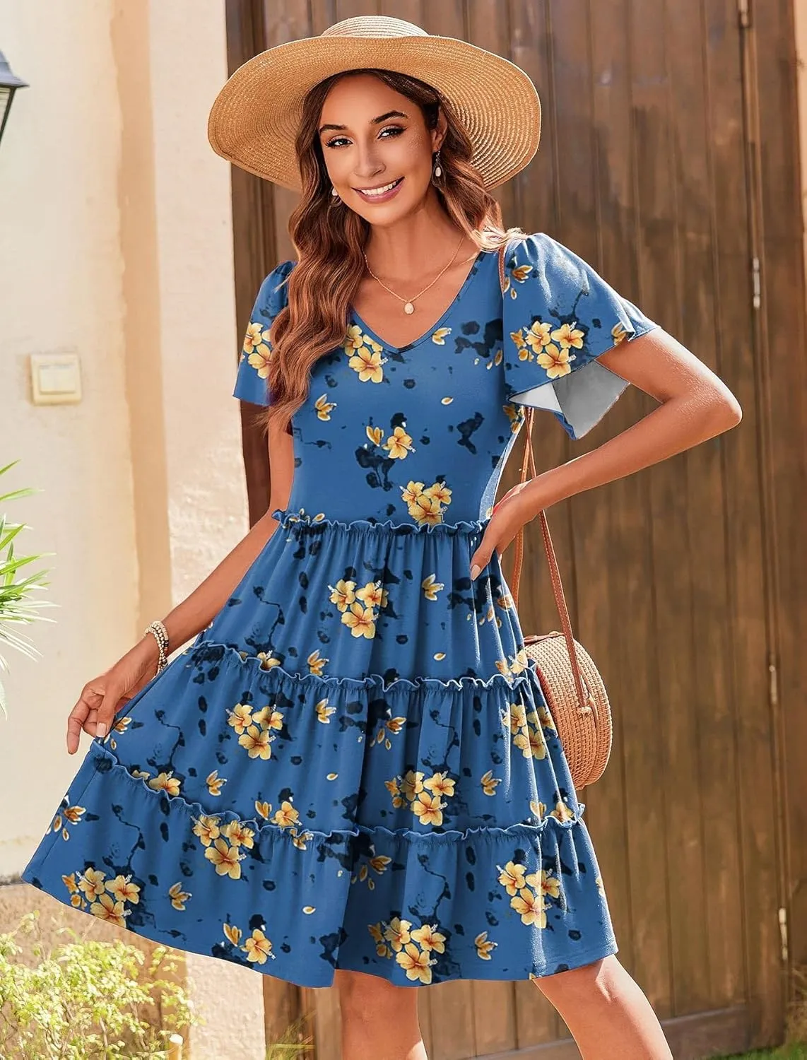 Zeagoo Summer Tiered Mini Dress with Pockets Ruffle Sleeve V-Neck Casual Dress A Line Boho Flowy Sundress 2025 Vacation