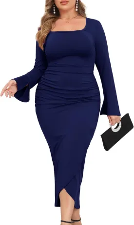 ZOMVA 2024 Plus Size Cocktail Dress Comfortable Bell Sleeves Wedding Guest Square Neck Semi Formal