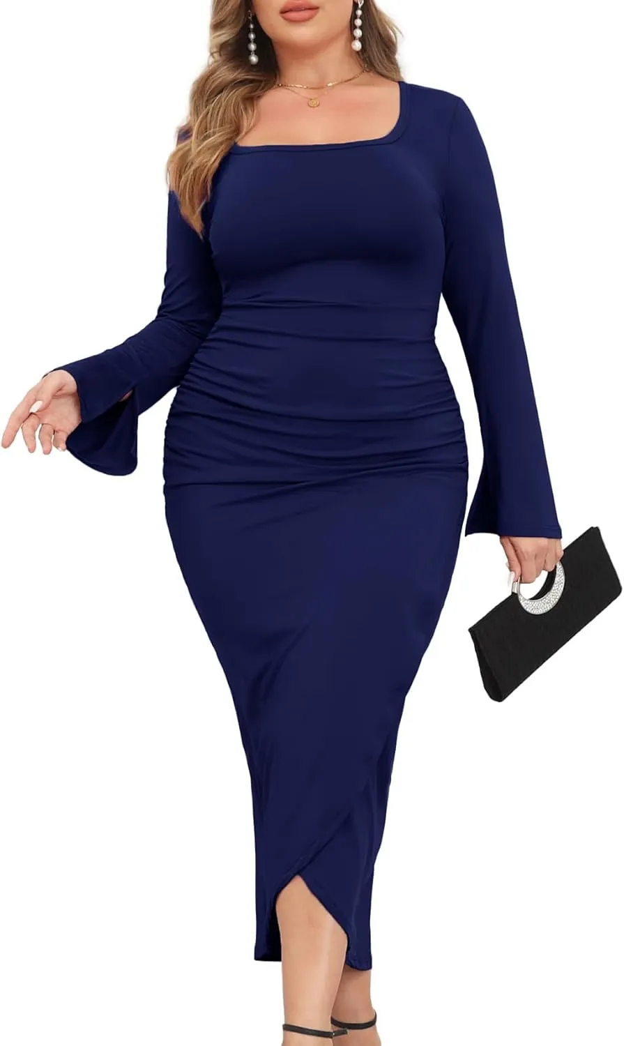 ZOMVA 2024 Plus Size Cocktail Dress Comfortable Bell Sleeves Wedding Guest Square Neck Semi Formal